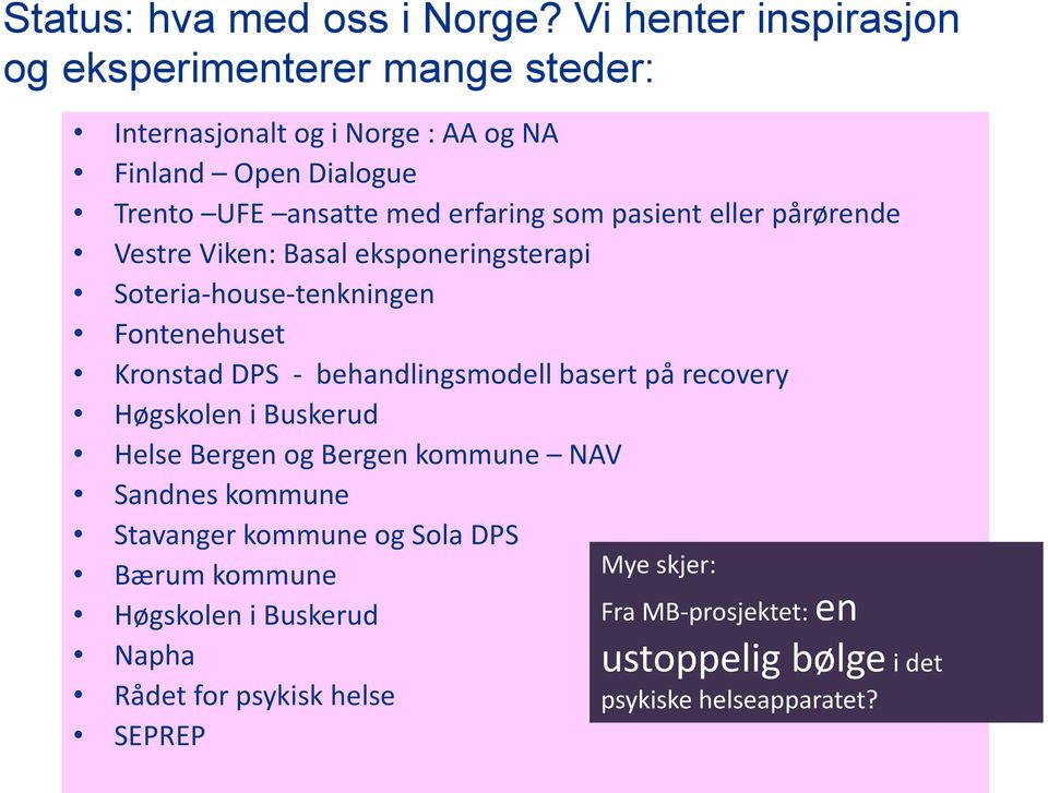 som pasient eller pårørende Vestre Viken: Basal eksponeringsterapi Soteria-house-tenkningen Fontenehuset Kronstad DPS - behandlingsmodell basert