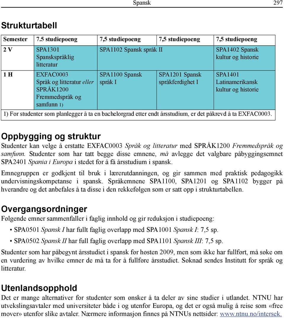 II SPA1100 Spansk språk I SPA1201 Spansk språkferdighet I SPA1402 Spansk SPA1401 Latinamerikansk 1) For studenter som planlegger å ta en bachelorgrad etter endt årsstudium, er det påkrevd å ta