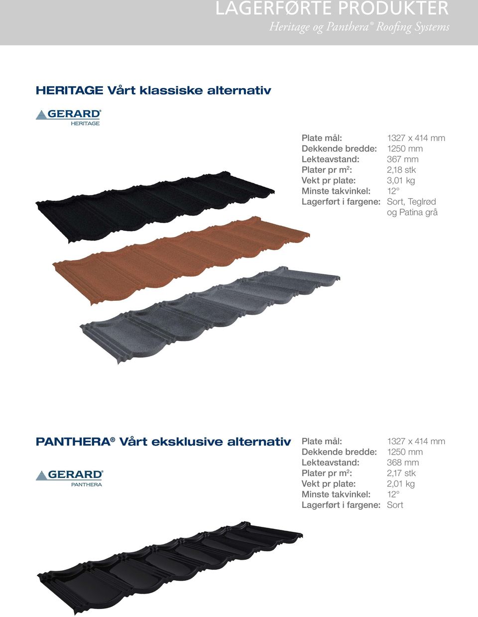 stk 3,01 kg 12 Sort, Teglrød og Patina grå PANTHERA Vårt eksklusive alternativ Plate mål: Dekkende bredde: Lekteavstand: