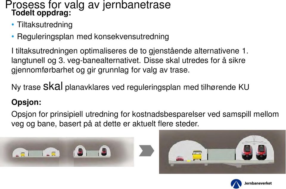 Disse skal utredes for å sikre gjennomførbarhet og gir grunnlag for valg av trase.