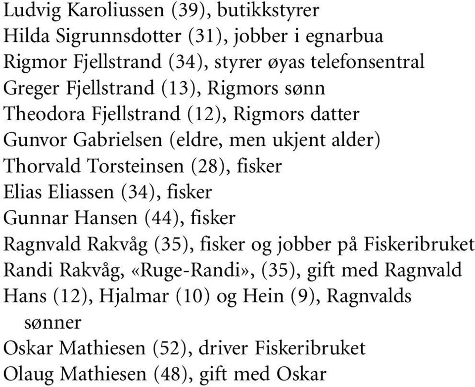 fisker Elias Eliassen (34), fisker Gunnar Hansen (44), fisker Ragnvald Rakvåg (35), fisker og jobber på Fiskeribruket Randi Rakvåg, «Ruge-Randi»,