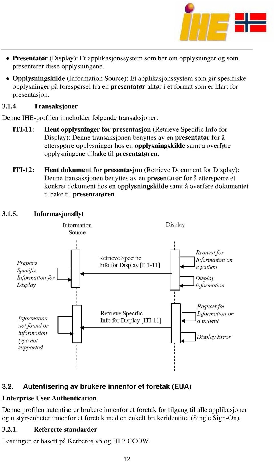 Transaksjoner Denne IHE-profilen inneholder følgende transaksjoner: ITI-11: Hent opplysninger for presentasjon (Retrieve Specific Info for Display): Denne transaksjonen benyttes av en presentatør for