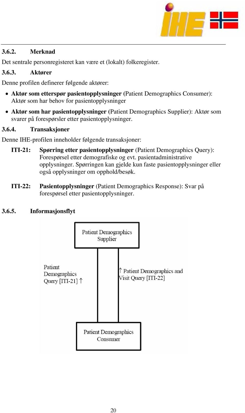 4. Transaksjoner Denne IHE-profilen inneholder følgende transaksjoner: ITI-21: Spørring etter pasientopplysninger (Patient Demographics Query): Forespørsel etter demografiske og evt.