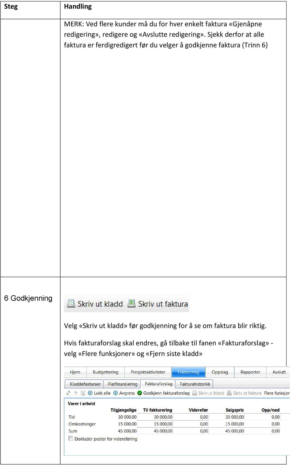 Sjekk derfor at alle faktura er ferdigredigert før du velger å godkjenne faktura (Trinn 6) 6