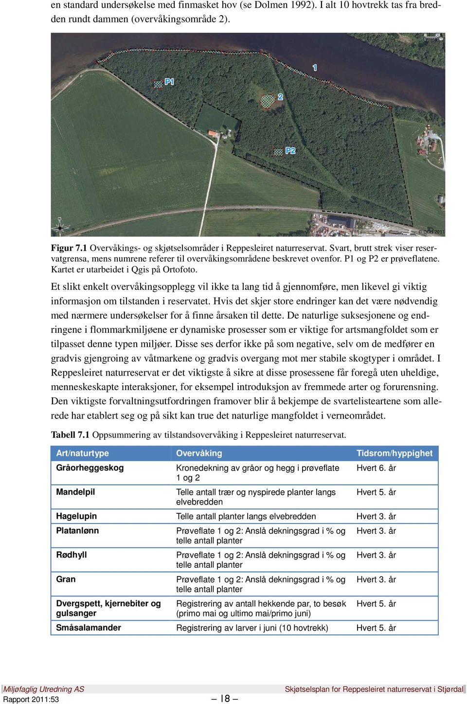 Kartet er utarbeidet i Qgis på Ortofoto. Et slikt enkelt overvåkingsopplegg vil ikke ta lang tid å gjennomføre, men likevel gi viktig informasjon om tilstanden i reservatet.