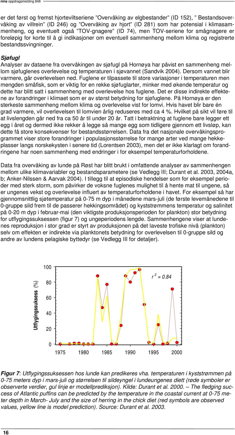 Sjøfugl Analyser av dataene fra overvåkingen av sjøfugl på Hornøya har påvist en sammenheng mellom sjøfuglenes overlevelse og temperaturen i sjøvannet (Sandvik 2004).