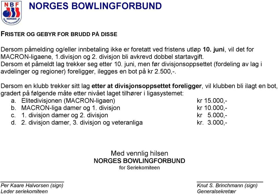 500,-. Dersom en klubb trekker sitt lag etter at divisjonsoppsettet foreligger, vil klubben bli ilagt en bot, gradert på følgende måte etter nivået laget tilhører i ligasystemet: a.