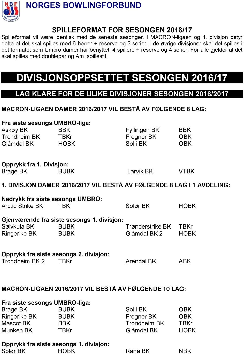 DIVISJONSOPPSETTET SESONGEN 2016/17 LAG KLARE FOR DE ULIKE DIVISJONER SESONGEN 2016/2017 MACRON-LIGAEN DAMER 2016/2017 VIL BESTÅ AV FØLGENDE 8 LAG: Fra siste sesongs UMBRO-liga: Askøy BK BBK