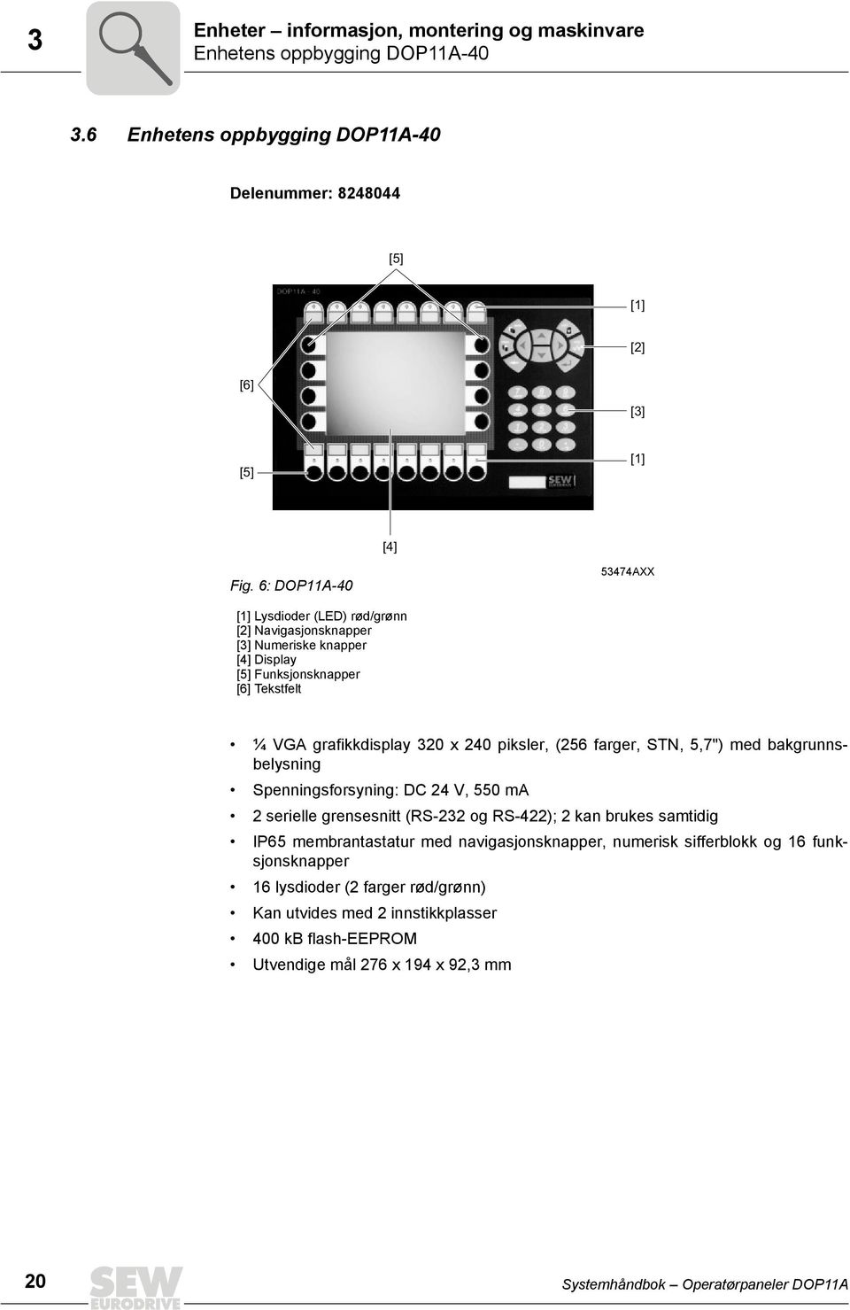 (256 farger, STN, 5,7") med bakgrunnsbelysning Spenningsforsyning: DC 24 V, 55 ma 2 serielle grensesnitt (RS-232 og RS-422); 2 kan brukes samtidig P65 membrantastatur med