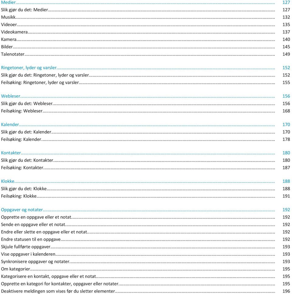 .. 170 Slik gjør du det: Kalender... 170 Feilsøking: Kalender... 178 Kontakter... 180 Slik gjør du det: Kontakter... 180 Feilsøking: Kontakter... 187 Klokke... 188 Slik gjør du det: Klokke.