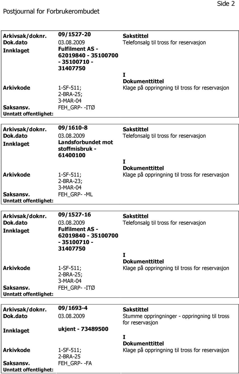 dato 03.08.2009 Telefonsalg til tross for reservasjon nnklaget Landsforbundet mot stoffmisbruk - 61400100 2-BRA-23; Arkivsak/doknr. 09/1527-16 Sakstittel Dok.dato 03.08.2009 Telefonsalg til tross for reservasjon nnklaget Fulfilment AS - 62019840-35100700 - 35100710-31407750 Saksansv.