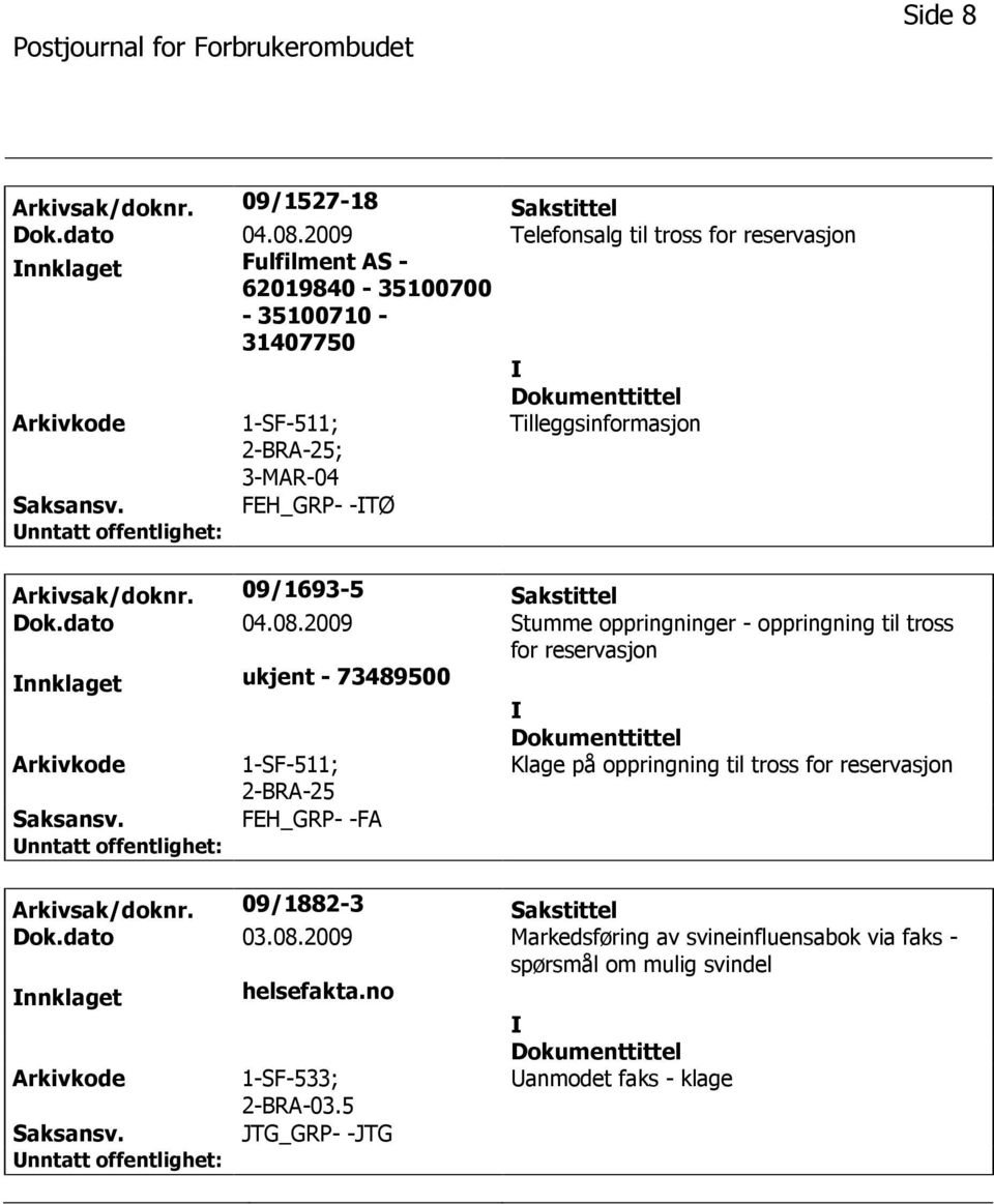 FEH_GRP- -TØ Arkivsak/doknr. 09/1693-5 Sakstittel Dok.dato 04.08.