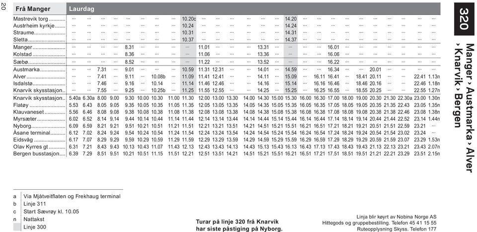 .. 7.46 9.16 10.14 11.14 11.46 12.46 14.16 15.14 16.16 16.46 18.46 20.16 22.46 1.18n Knarvik skysstasjon... 7.55 9.25 10.25b 11.25 11.55 12.55 14.25 15.25 16.25 16.55 18.55 20.25 22.55 1.27n Knarvik skysstasjon.