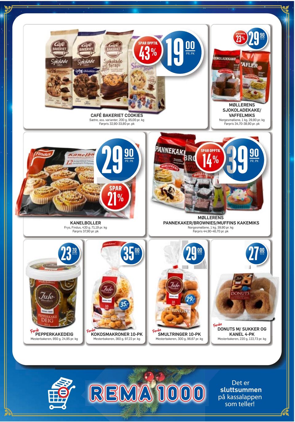 21 % KANELBOLLER Frys, Findus, 420 g, 71,19 pr. kg Førpris 37,90 pr. pk MØLLERENS PANNEKAKER/BROWNIES/MUFFINS KAKEMIKS Norgesmøllene, 1 kg, 39,90 pr.