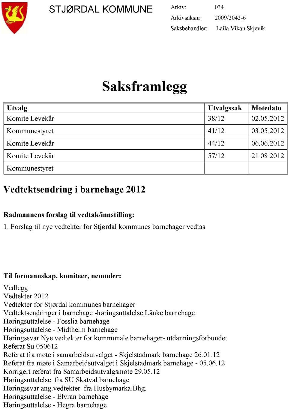 Forslag til nye vedtekter for Stjørdal kommunes barnehager vedtas Til formannskap, komiteer, nemnder: Vedlegg: Vedtekter 2012 Vedtekter for Stjørdal kommunes barnehager Vedtektsendringer i barnehage