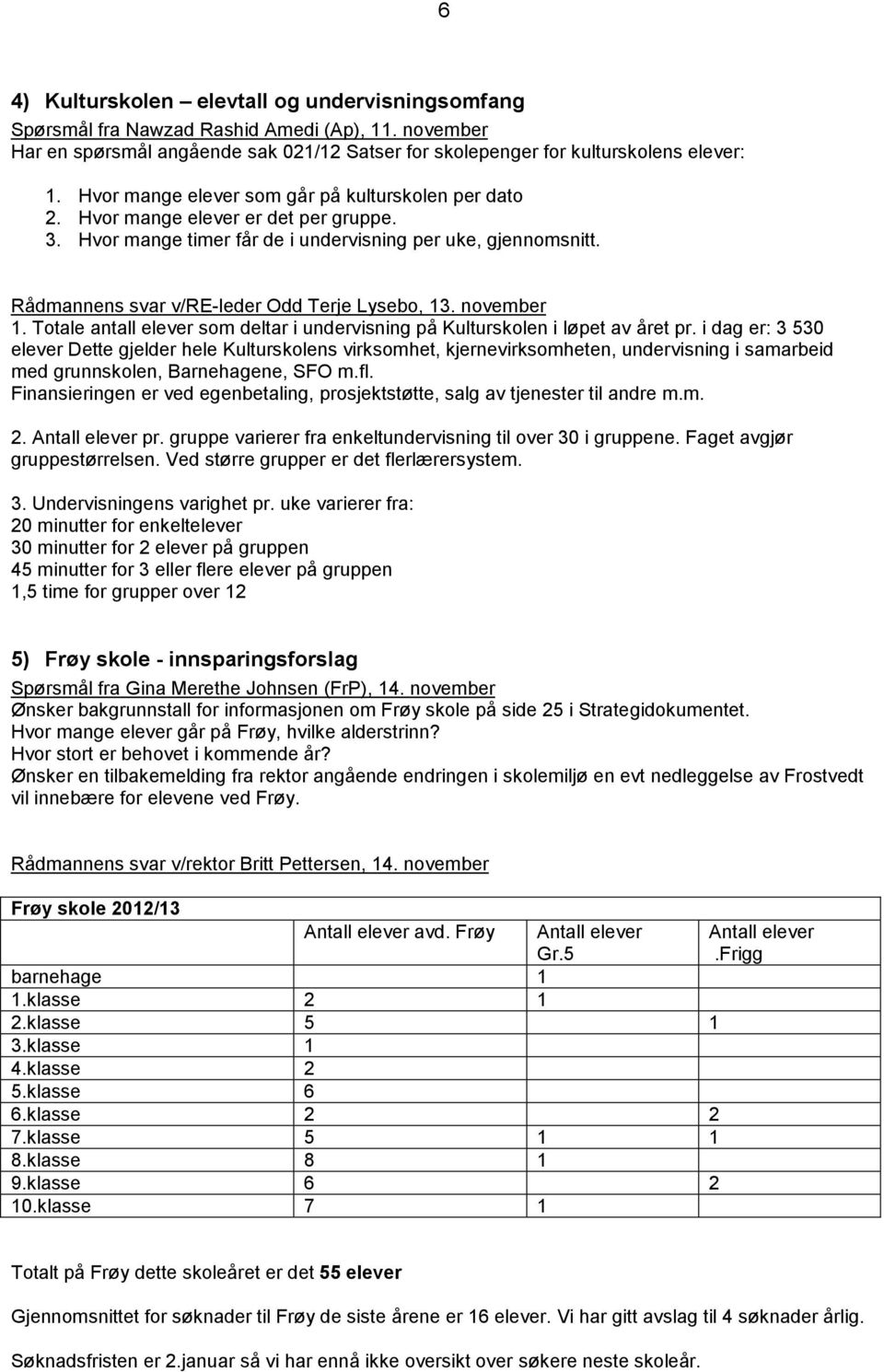 Rådmannens svar v/re-leder Odd Terje Lysebo, 13. november 1. Totale antall elever som deltar i undervisning på Kulturskolen i løpet av året pr.