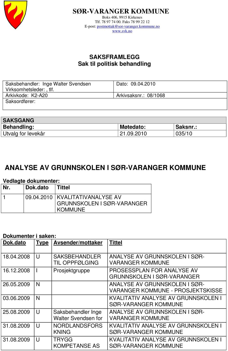 : 08/1068 Saksordfører: SAKSGANG Behandling: Møtedato: Saksnr.: Utvalg for levekår 21.09.2010 035/10 ANALYSE AV GRUNNSKOLEN I SØR-VARANGER KOMMUNE Vedlagte dokumenter: Nr. Dok.dato Tittel 1 09.04.