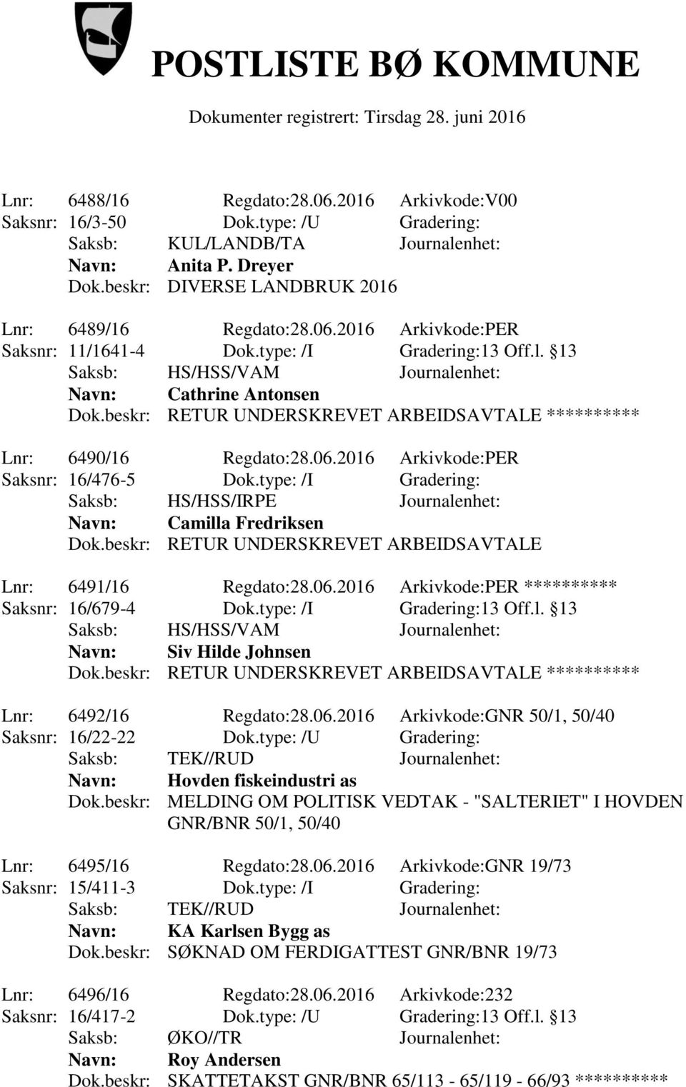 beskr: RETUR UNDERSKREVET ARBEIDSAVTALE ********** Lnr: 6490/16 Regdato:28.06.2016 Arkivkode:PER Saksnr: 16/476-5 Dok.type: /I Gradering: Navn: Camilla Fredriksen Dok.