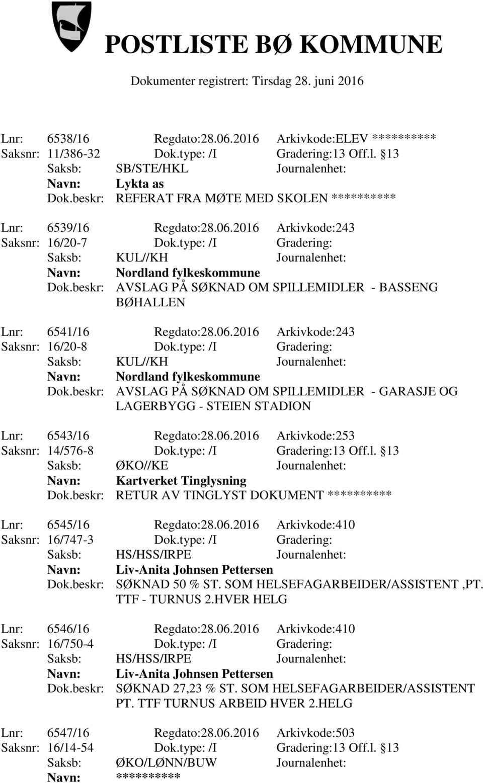 beskr: AVSLAG PÅ SØKNAD OM SPILLEMIDLER - BASSENG BØHALLEN Lnr: 6541/16 Regdato:28.06.2016 Arkivkode:243 Saksnr: 16/20-8 Dok.