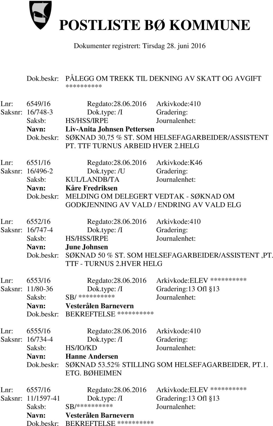 type: /U Gradering: Saksb: KUL/LANDB/TA Journalenhet: Navn: Kåre Fredriksen Dok.beskr: MELDING OM DELEGERT VEDTAK - SØKNAD OM GODKJENNING AV VALD / ENDRING AV VALD ELG Lnr: 6552/16 Regdato:28.06.