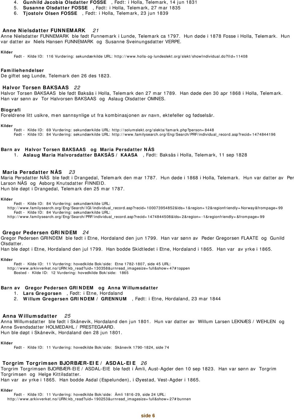 Hun døde i 1878 Fosse i Holla, Telemark. Hun var datter av Niels Hansen FUNNEMARK og Susanne Sveinungsdatter VERPE. Født - Kilde ID: 116 Vurdering: sekundærkilde URL: http://www.holla-og-lundeslekt.