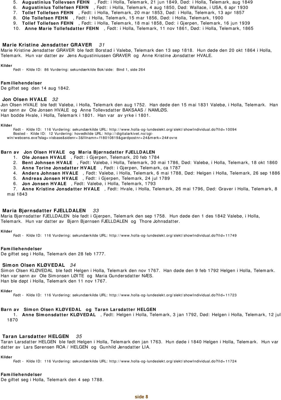 Ole Tollefsen FEHN, Født: i Holla, Telemark, 15 mar 1856, Død: i Holla, Telemark, 1900 9. Tollef Tollefsen FEHN, Født: i Holla, Telemark, 18 mai 1858, Død: i Gjerpen, Telemark, 16 jun 1939 10.