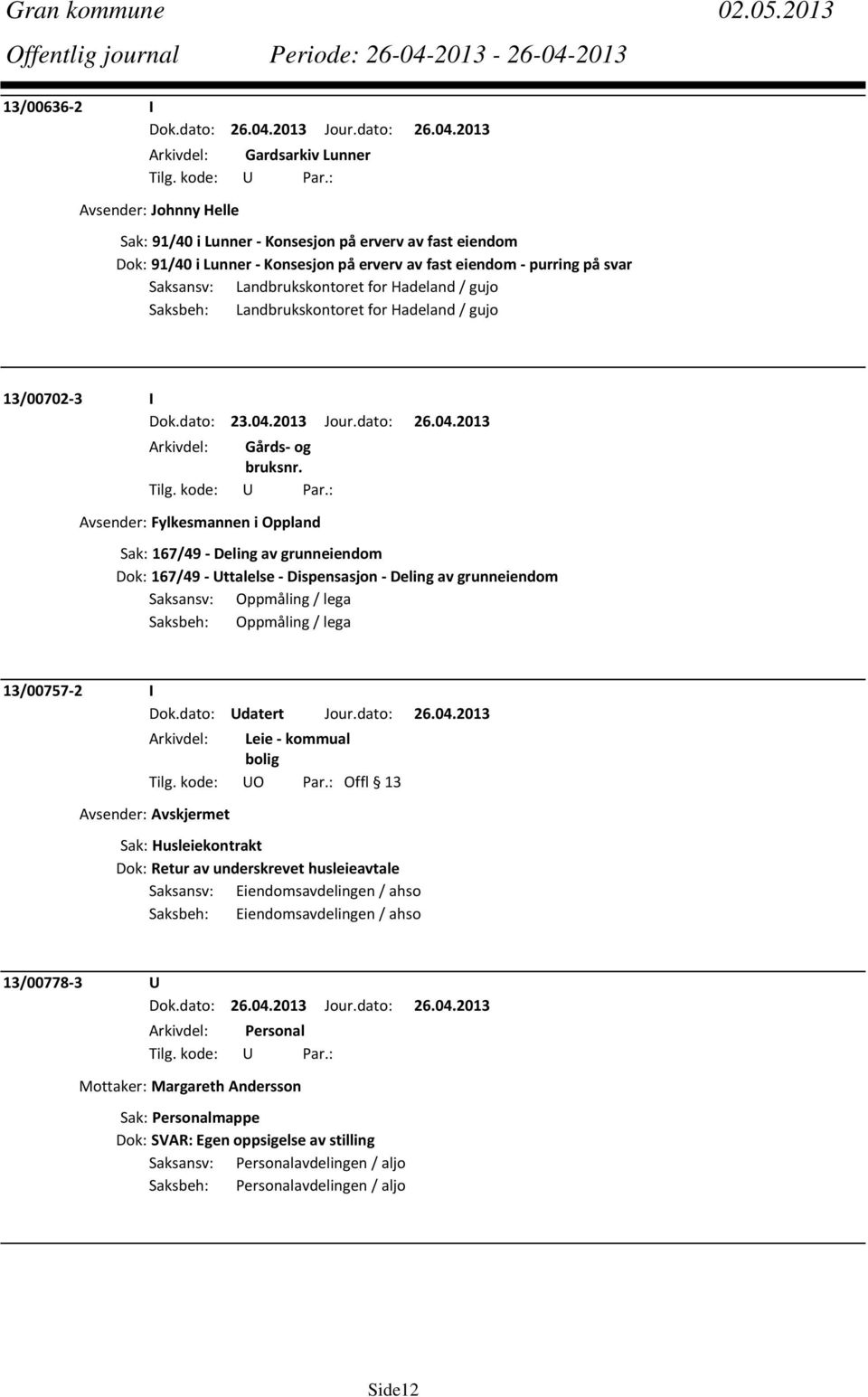 Saksansv: Landbrukskontoret for Hadeland / gujo Saksbeh: Landbrukskontoret for Hadeland / gujo 13/00702 3 I Dok.dato: 23.04.