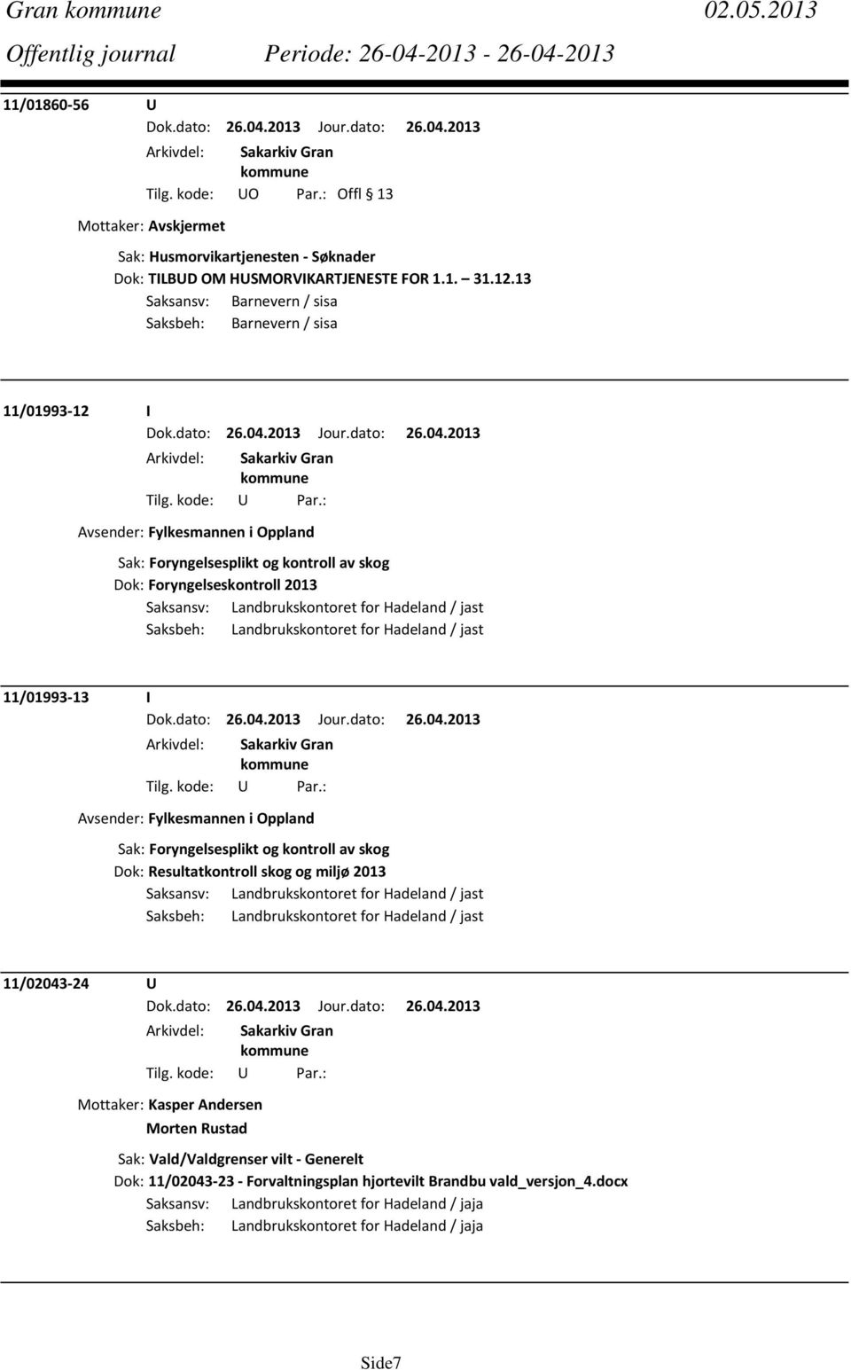 Landbrukskontoret for Hadeland / jast Saksbeh: Landbrukskontoret for Hadeland / jast 11/01993 13 I Avsender: Fylkesmannen i Oppland Sak: Foryngelsesplikt og kontroll av skog Dok: Resultatkontroll