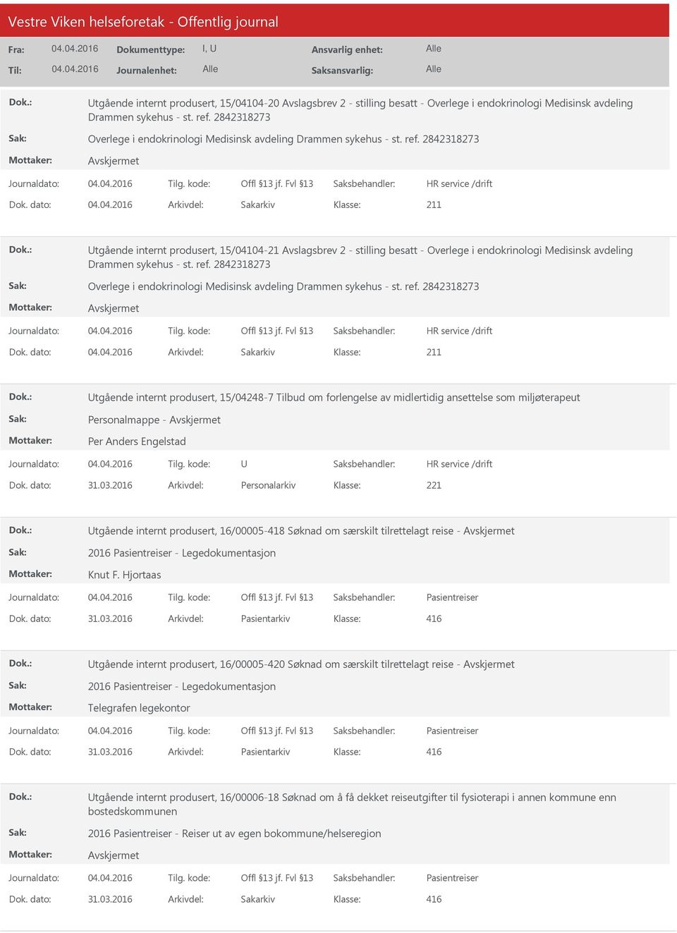 dato: Arkivdel: Sakarkiv tgående internt produsert, 15/04104-21 Avslagsbrev 2 - stilling besatt - Overlege i endokrinologi Medisinsk avdeling Drammen sykehus - st. ref.