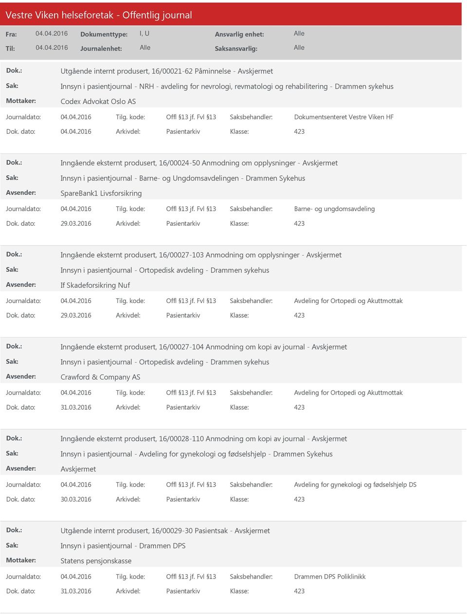 dato: Arkivdel: Pasientarkiv Inngående eksternt produsert, 16/00024-50 Anmodning om opplysninger - Innsyn i pasientjournal - Barne- og ngdomsavdelingen - Drammen Sykehus SpareBank1 Livsforsikring