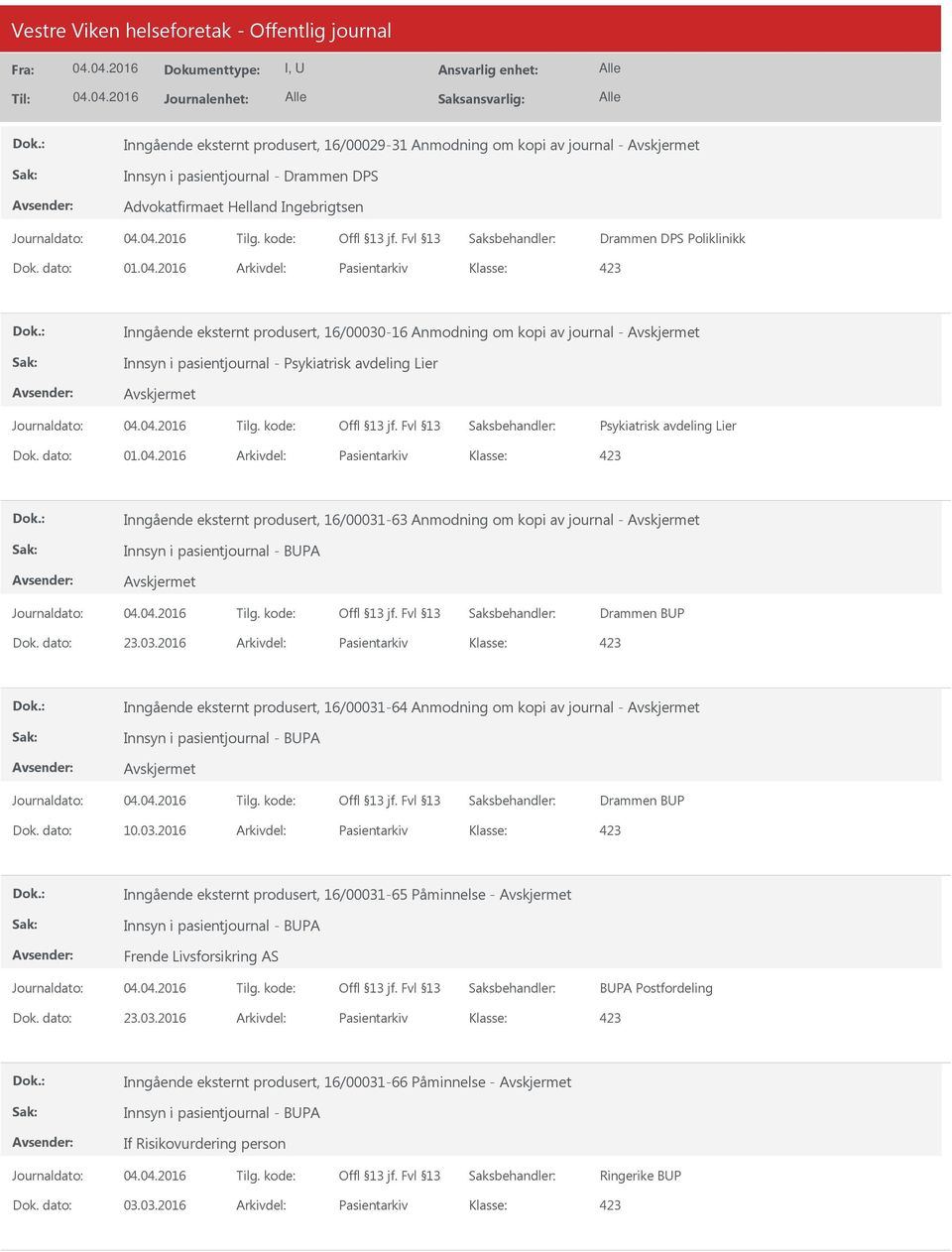 2016 Arkivdel: Pasientarkiv Inngående eksternt produsert, 16/00031