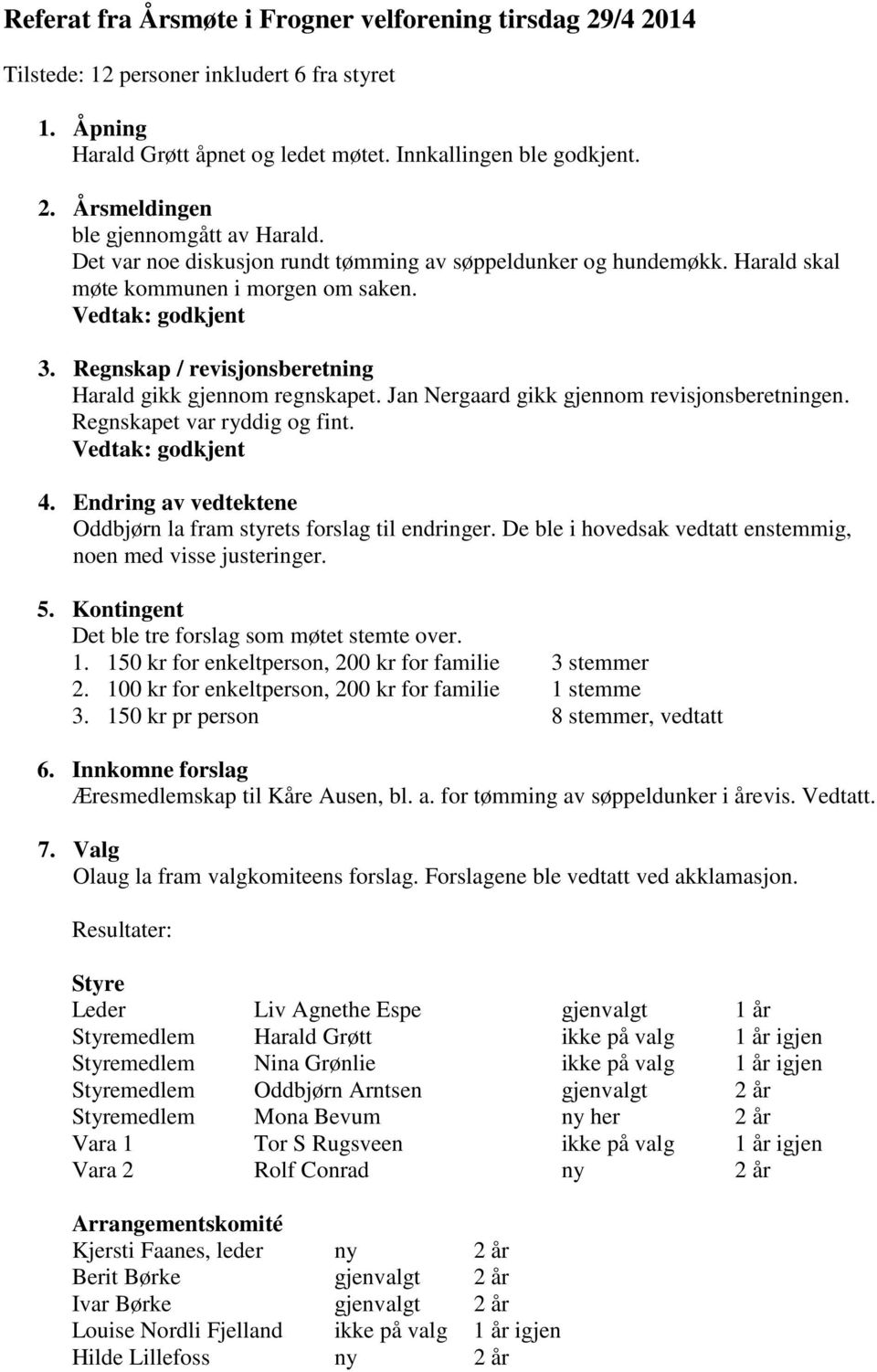 Jan Nergaard gikk gjennom revisjonsberetningen. Regnskapet var ryddig og fint. Vedtak: godkjent 4. Endring av vedtektene Oddbjørn la fram styrets forslag til endringer.