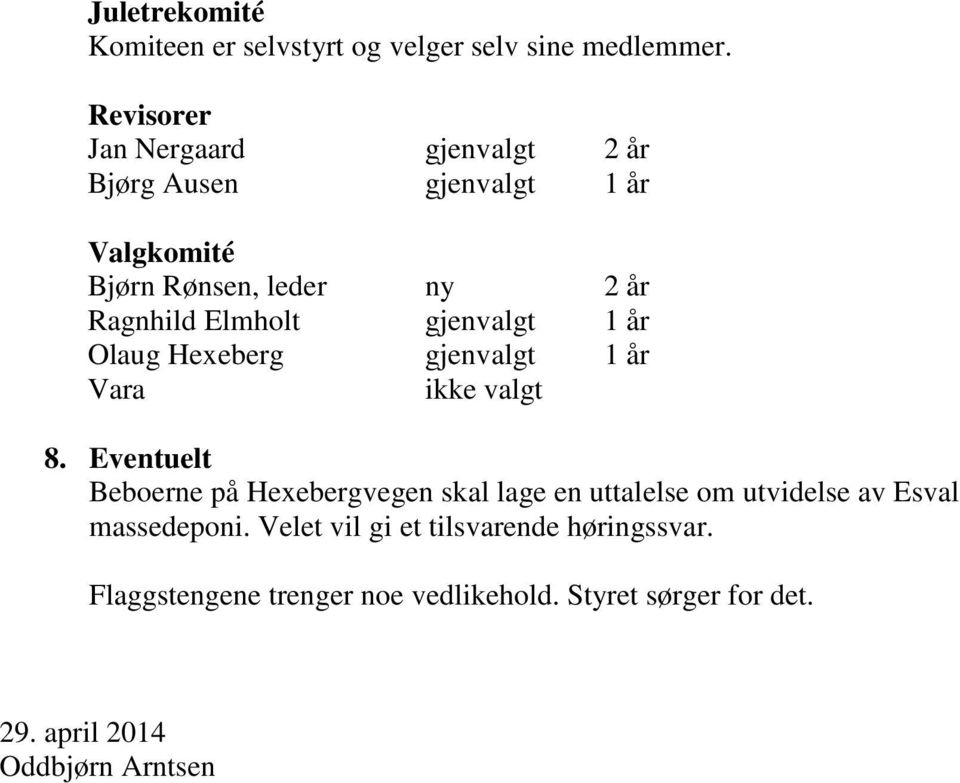 Elmholt gjenvalgt 1 år Olaug Hexeberg gjenvalgt 1 år Vara ikke valgt 8.