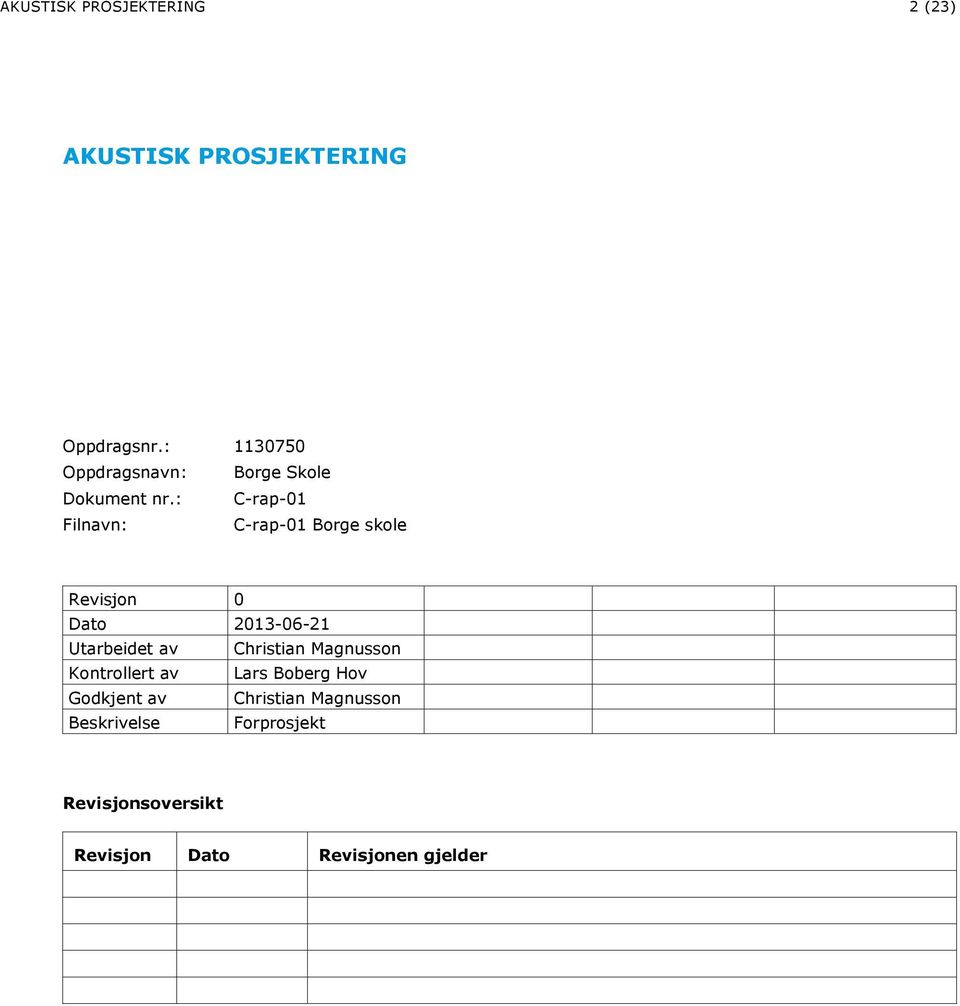 : C-rap-01 Filnavn: C-rap-01 Borge skole Revisjon 0 Dato 2013-06-21 Utarbeidet av