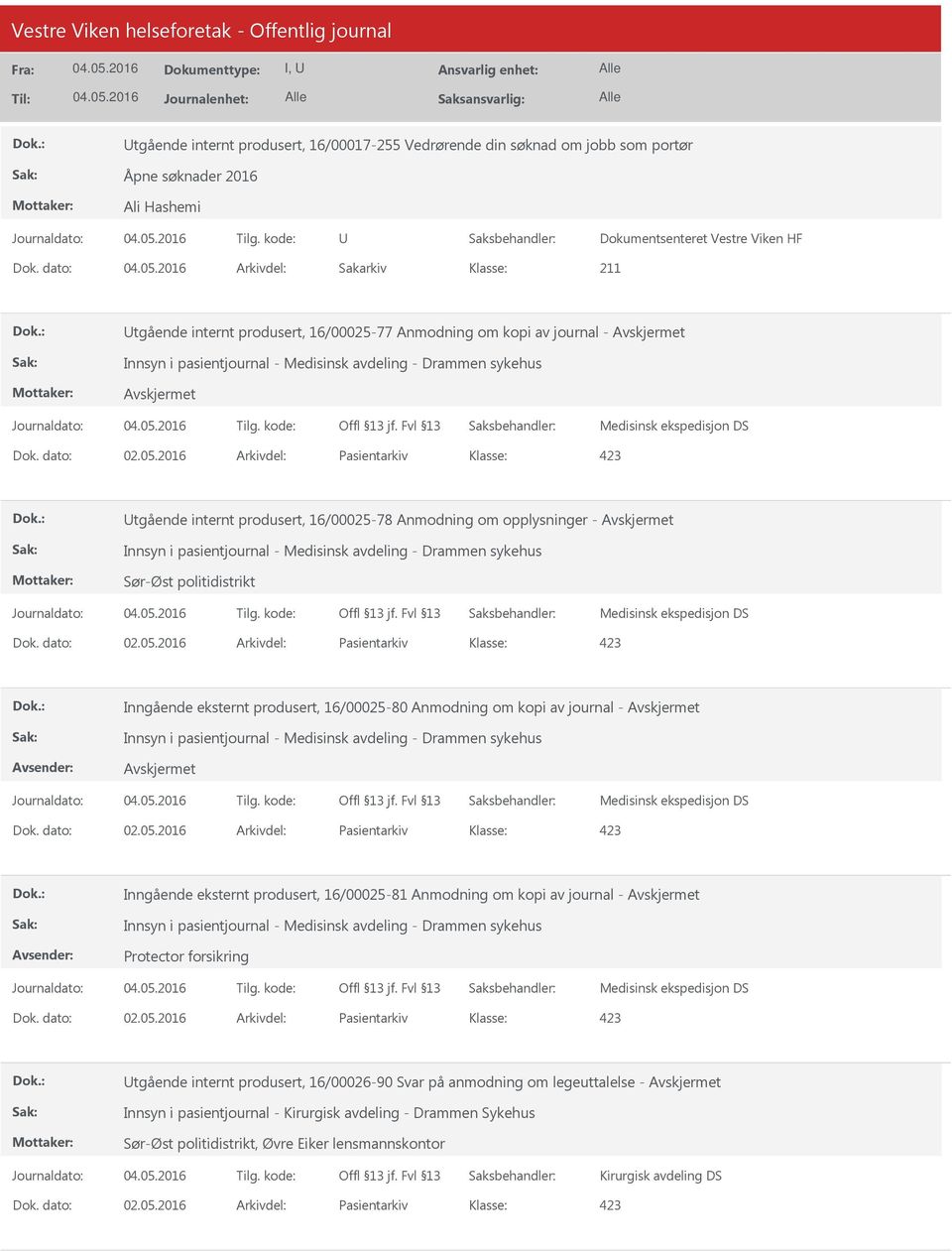 2016 Arkivdel: Pasientarkiv tgående internt produsert, 16/00025-78 Anmodning om opplysninger - Innsyn i pasientjournal - Medisinsk avdeling - Drammen sykehus Sør-Øst politidistrikt Medisinsk