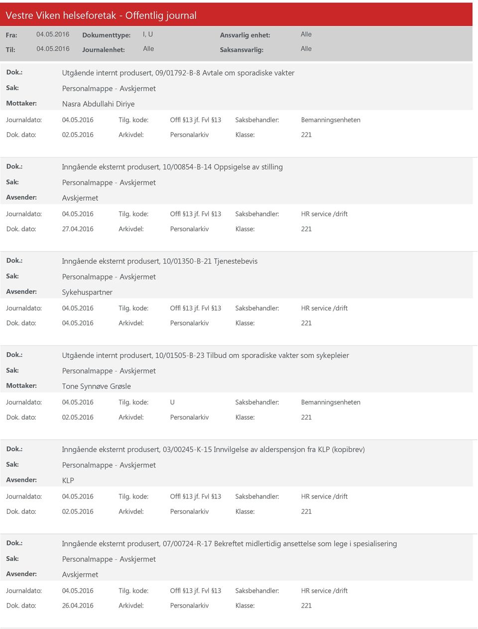 2016 Arkivdel: Personalarkiv Inngående eksternt produsert, 10/01350-B-21 Tjenestebevis Sykehuspartner Dok.