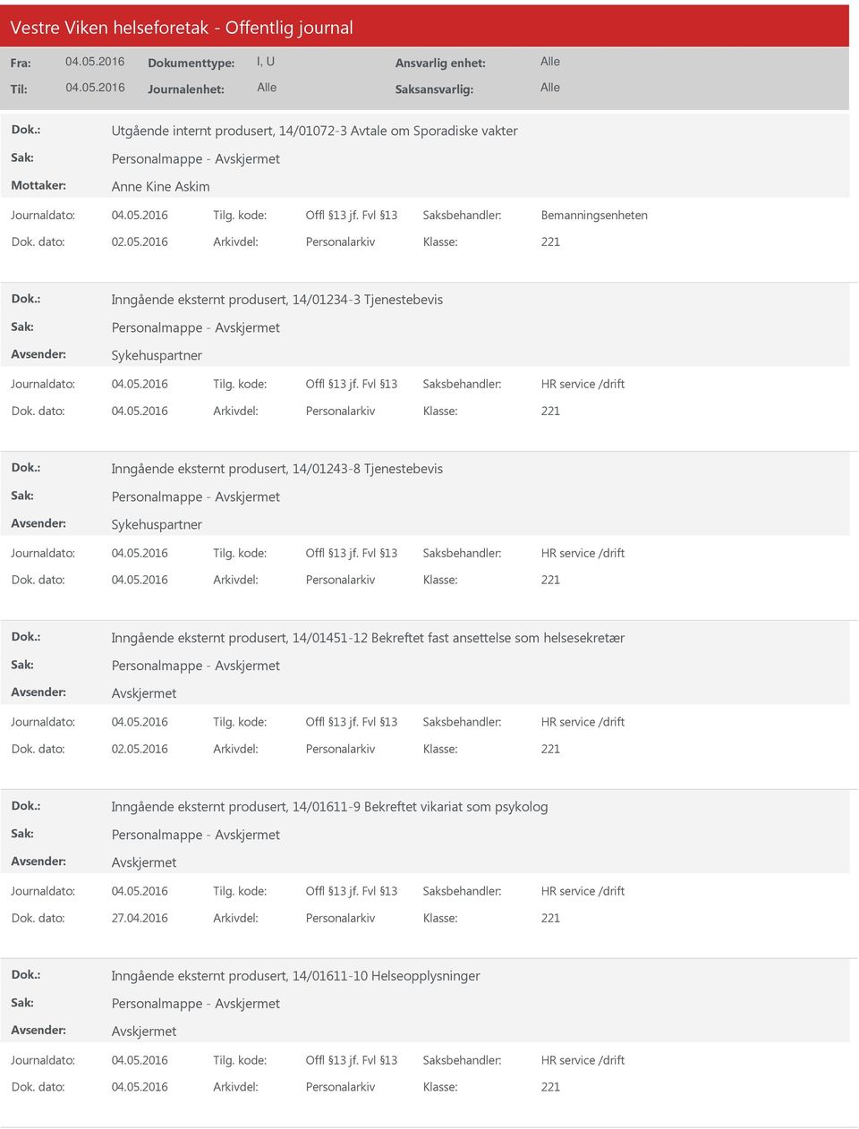 dato: Arkivdel: Personalarkiv Inngående eksternt produsert, 14/01243-8 Tjenestebevis Sykehuspartner Dok.