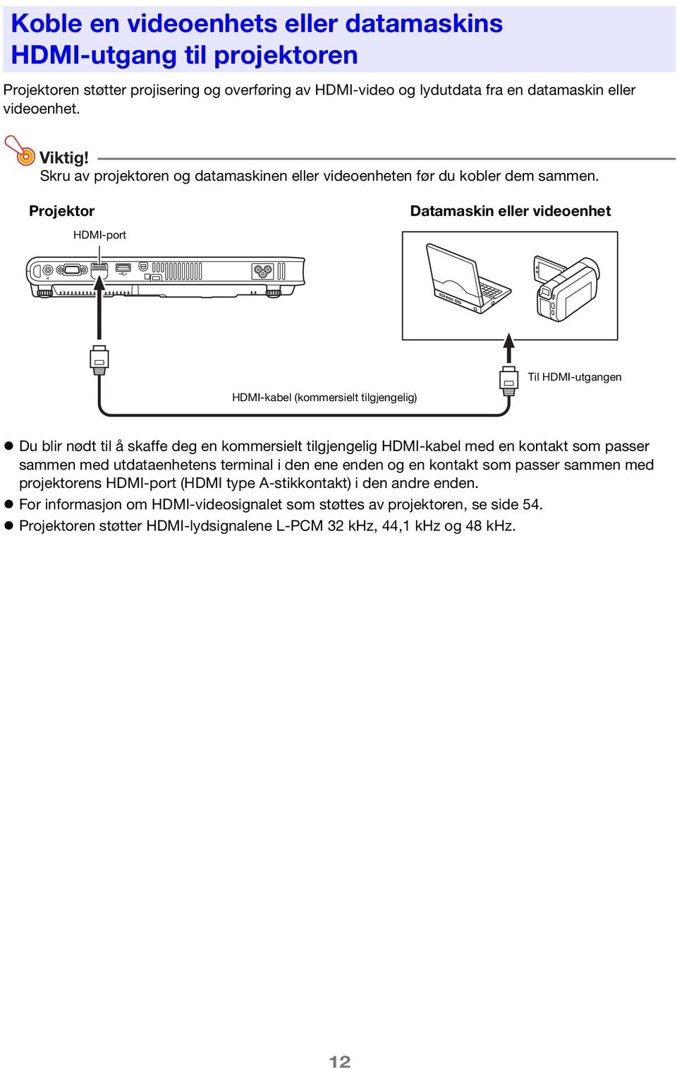 Projektor HDMI-port Datamaskin eller videoenhet HDMI-kabel (kommersielt tilgjengelig) Til HDMI-utgangen Du blir nødt til å skaffe deg en kommersielt tilgjengelig HDMI-kabel med en kontakt som