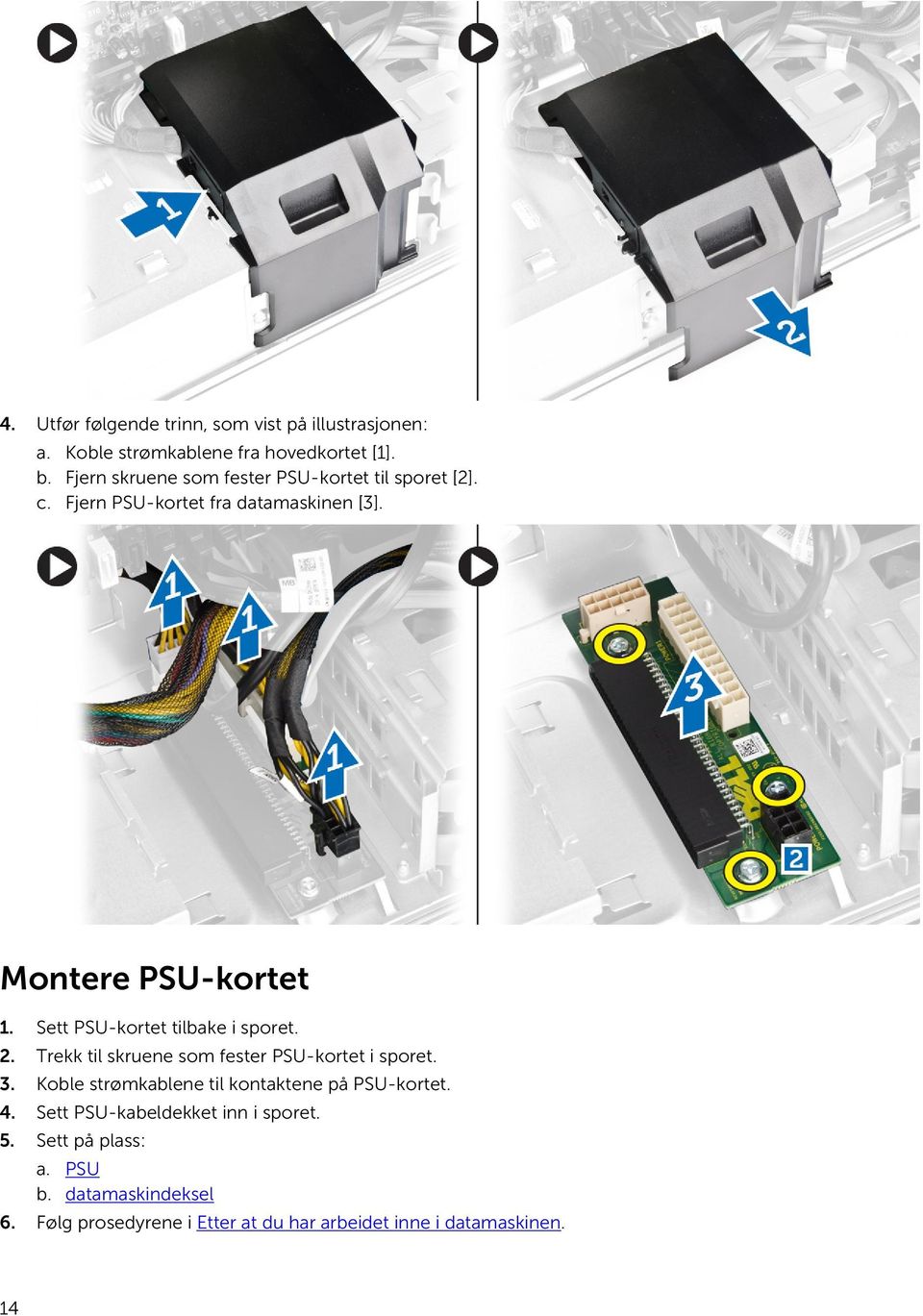 Sett PSU-kortet tilbake i sporet. 2. Trekk til skruene som fester PSU-kortet i sporet. 3.