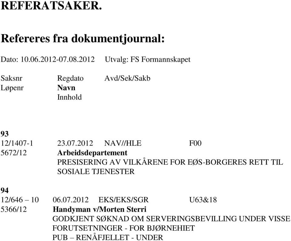 2012 NAV//HLE F00 5672/12 Arbeidsdepartement PRESISERING AV VILKÅRENE FOR