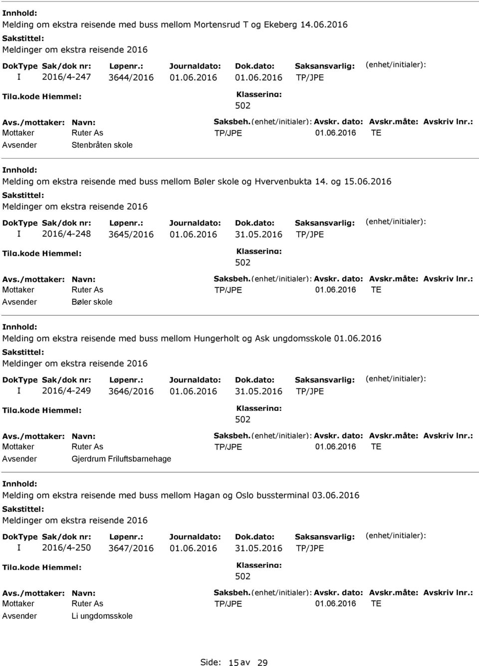 måte: Avskriv lnr.: TE Bøler skole Melding om ekstra reisende med buss mellom Hungerholt og Ask ungdomsskole 2016/4-249 3646/2016 Avs./mottaker: Navn: Saksbeh. Avskr. dato: Avskr.