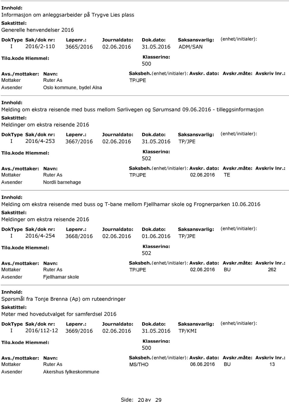 måte: Avskriv lnr.: TE Nordli barnehage Melding om ekstra reisende med buss og T-bane mellom Fjellhamar skole og Frognerparken 10.06.2016 2016/4-254 3668/2016 Avs./mottaker: Navn: Saksbeh. Avskr. dato: Avskr.