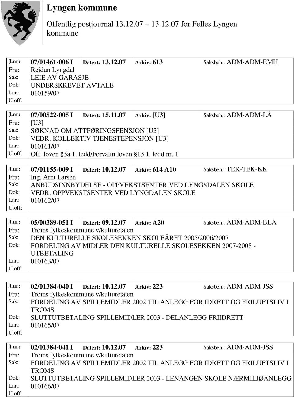 nr: 07/01155-009 I Datert: 10.12.07 Arkiv: 614 A10 Saksbeh.: TEK-TEK-KK Fra: Ing. Arnt Larsen Sak: ANBUDSINNBYDELSE - OPPVEKSTSENTER VED LYNGSDALEN SKOLE Dok: VEDR.