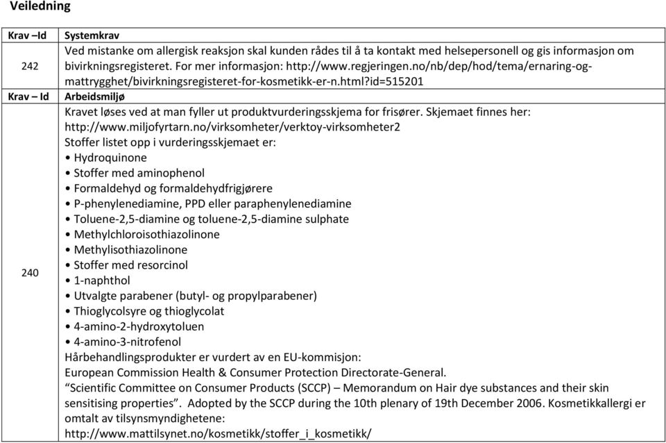 id=515201 Arbeidsmiljø Kravet løses ved at man fyller ut produktvurderingsskjema for frisører. Skjemaet finnes her: http://www.miljofyrtarn.