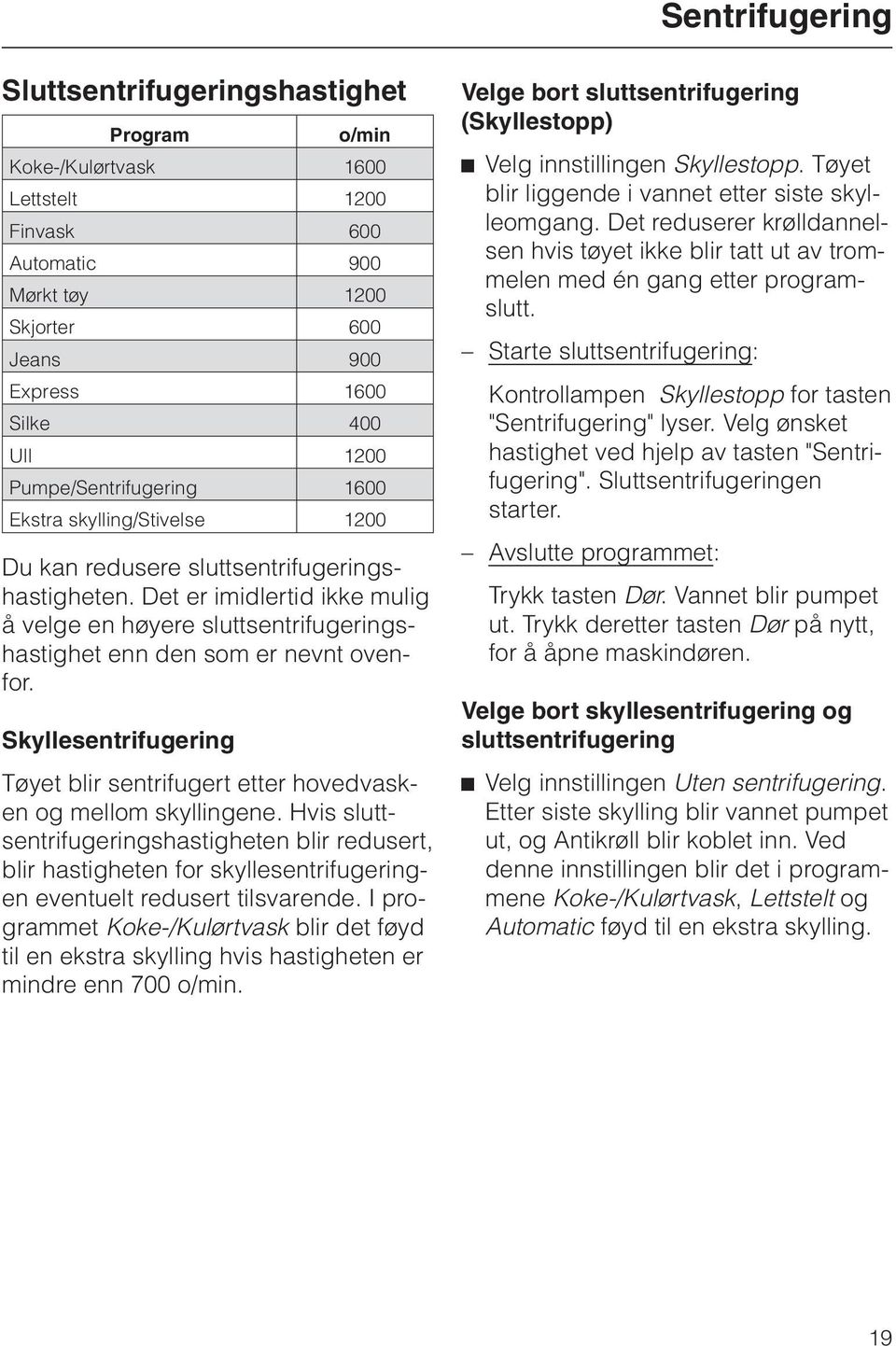 Det er imidlertid ikke mulig å velge en høyere sluttsentrifugeringshastighet enn den som er nevnt ovenfor. Skyllesentrifugering Tøyet blir sentrifugert etter hovedvasken og mellom skyllingene.