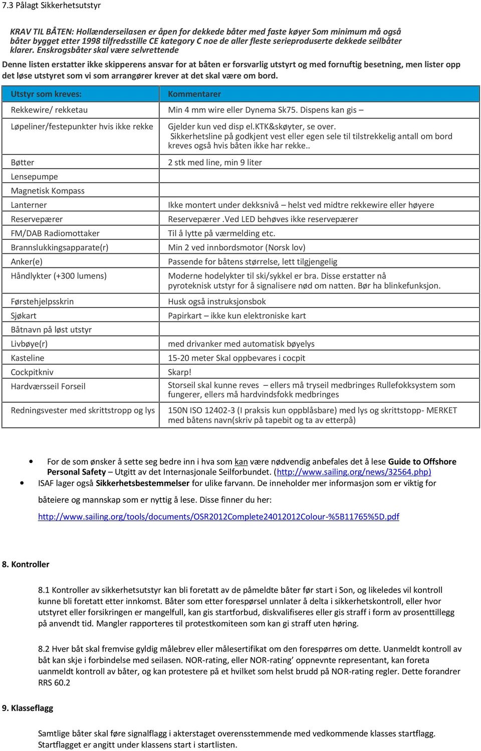 Enskrogsbåter skal være selvrettende Denne listen erstatter ikke skipperens ansvar for at båten er forsvarlig utstyrt og med fornuftig besetning, men lister opp det løse utstyret som vi som