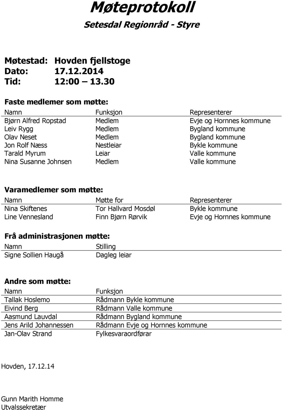 Bykle kommune Tarald Myrum Leiar Valle kommune Nina Susanne Johnsen Medlem Valle kommune Varamedlemer som møtte: Namn Møtte for Representerer Nina Skiftenes Tor Hallvard Mosdøl Bykle kommune Line