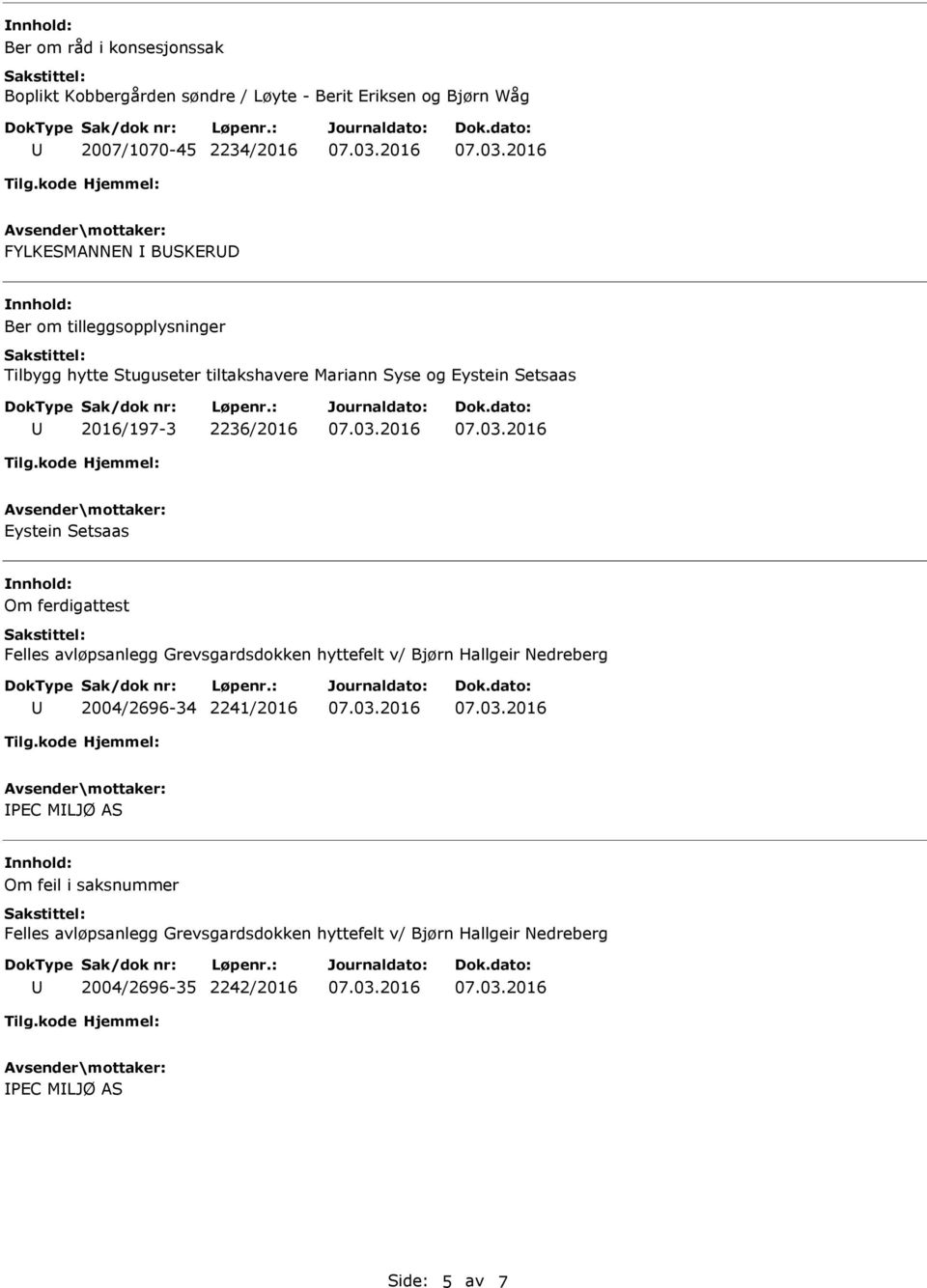 Setsaas Om ferdigattest Felles avløpsanlegg Grevsgardsdokken hyttefelt v/ Bjørn Hallgeir Nedreberg 2004/2696-34 2241/2016 PEC MLJØ AS