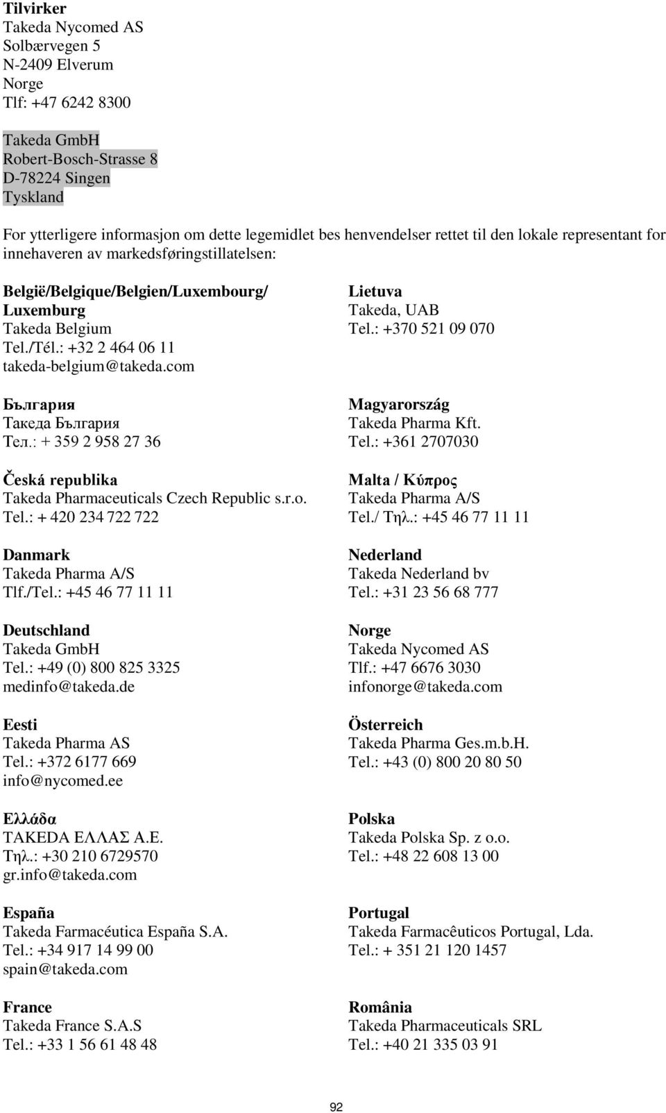 : +32 2 464 06 11 takeda-belgium@takeda.com България Такеда България Тел.: + 359 2 958 27 36 Česká republika Takeda Pharmaceuticals Czech Republic s.r.o. Tel.