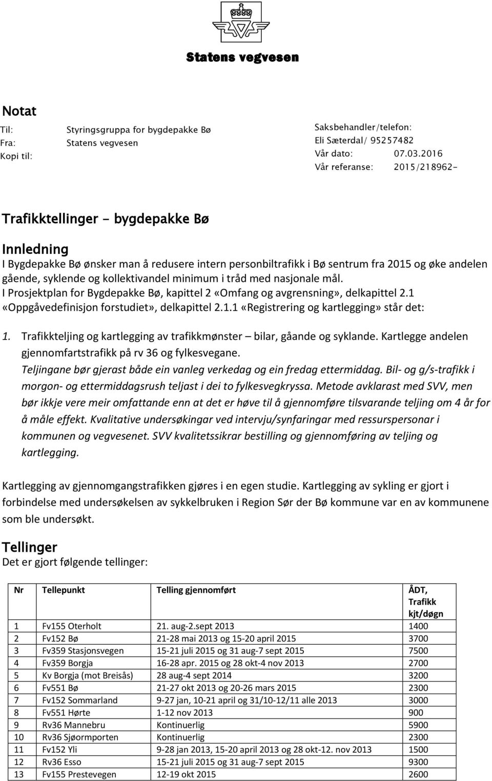 kollektivandel minimum i tråd med nasjonale mål. I Prosjektplan for Bygdepakke Bø, kapittel 2 «Omfang og avgrensning», delkapittel 2.1 «Oppgåvedefinisjon forstudiet», delkapittel 2.1.1 «Registrering og kartlegging» står det: 1.